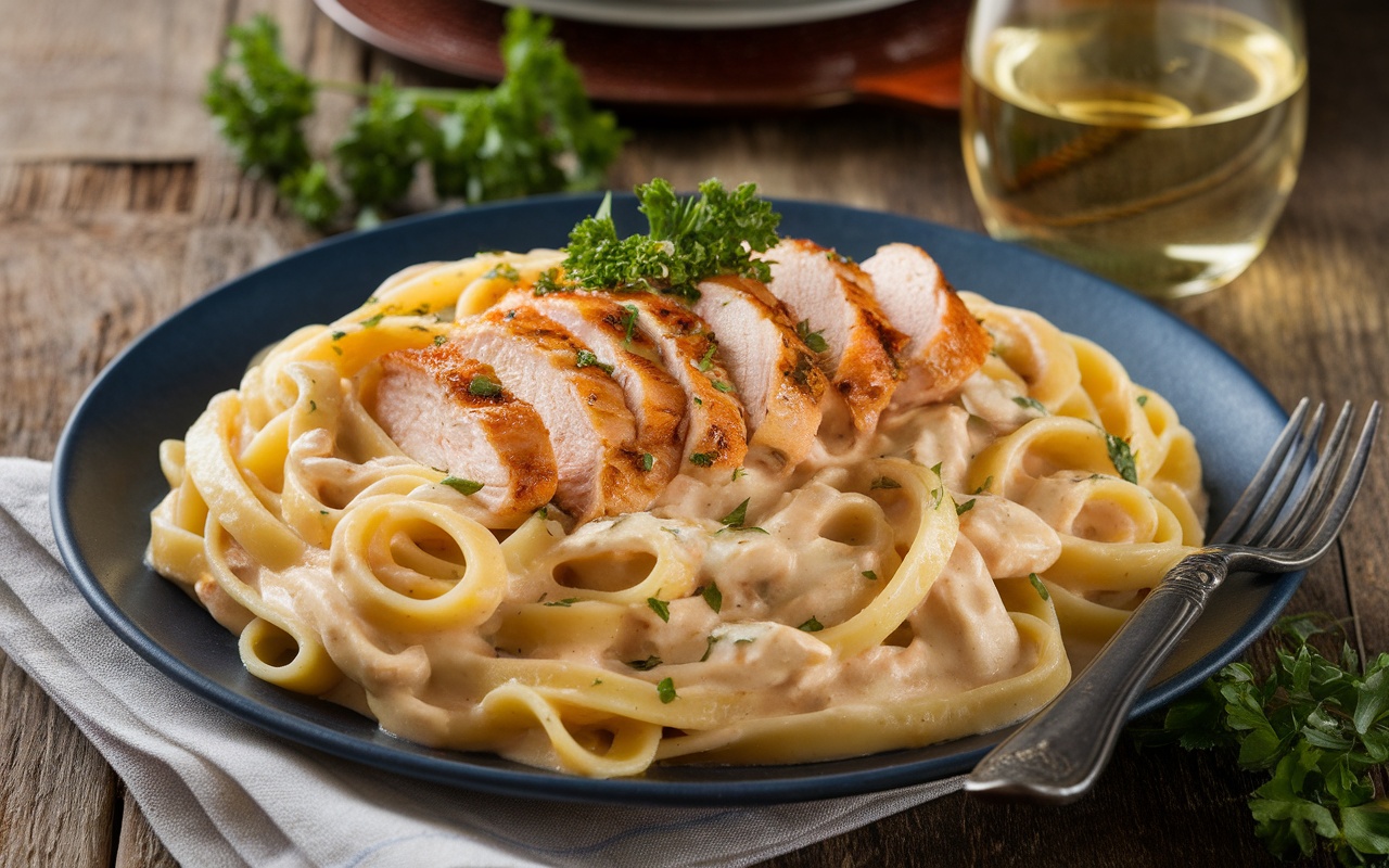 Creamy Chicken Alfredo pasta with fettuccine, grilled chicken, and parsley on a rustic table.